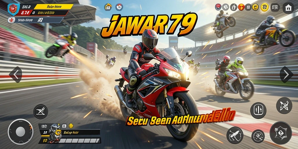 Antarmuka permainan JAWARA79 menampilkan aksi balapan yang mendebarkan.