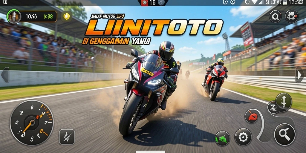 Tampilan antarmuka LINITOTO yang menampilkan kecepatan tinggi dan motor balap.